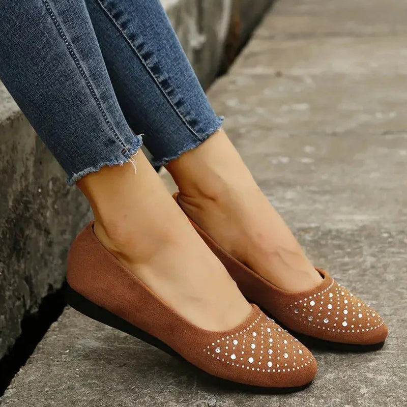 Comfortable slip-on flats for women with rhinestone decorations
