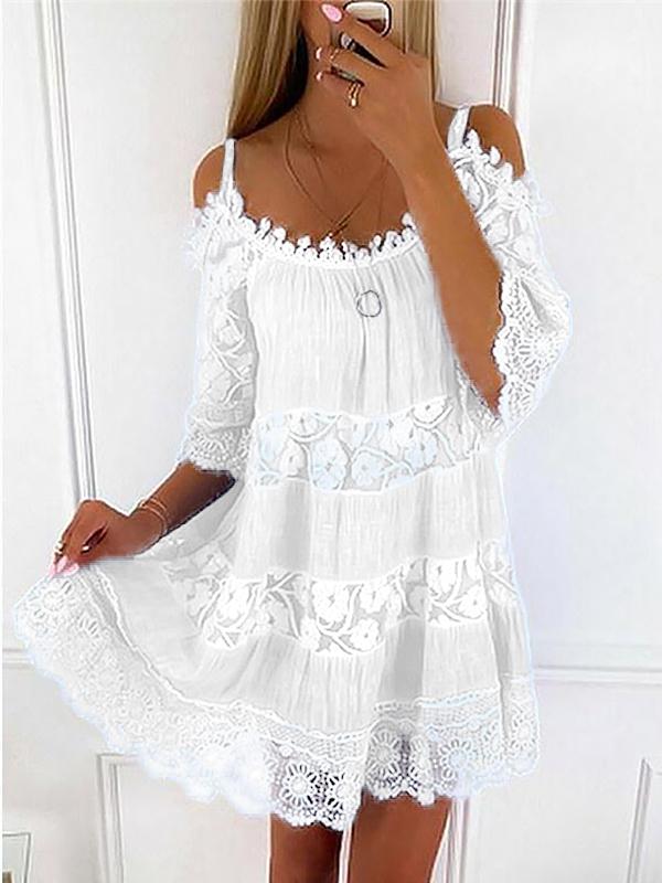 Sexy Spaghetti Strap Half Sleeve Off Shoulder Lace Panel Dress mysite