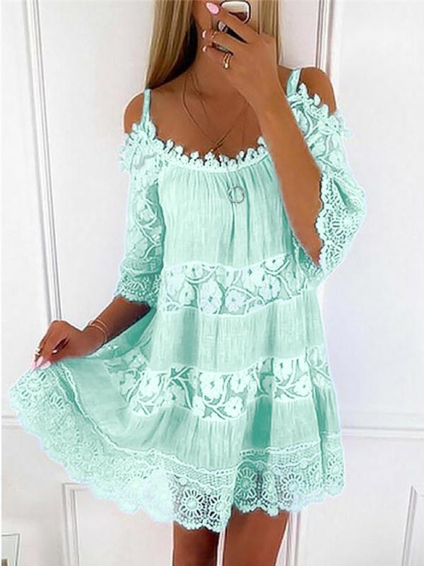 Sexy Spaghetti Strap Half Sleeve Off Shoulder Lace Panel Dress mysite