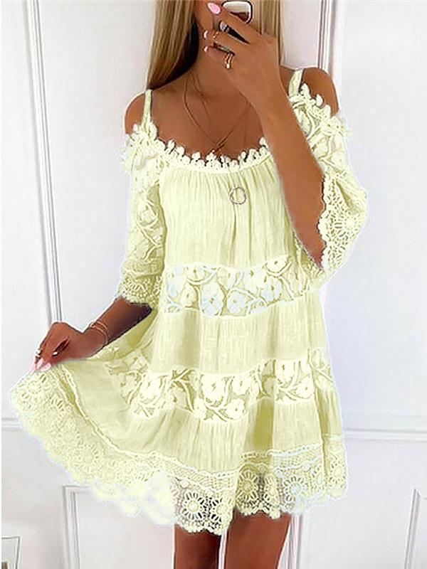 Sexy Spaghetti Strap Half Sleeve Off Shoulder Lace Panel Dress mysite