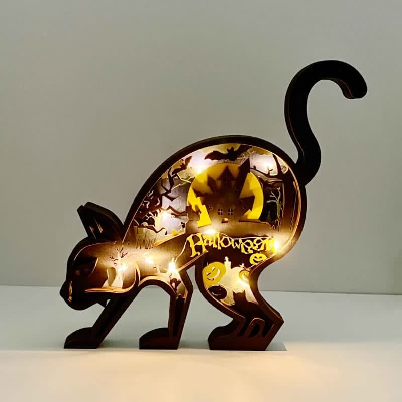 Animals Wooden Crafts Halloween Black Cat 3D Wall Statue Freestanding Art Decor