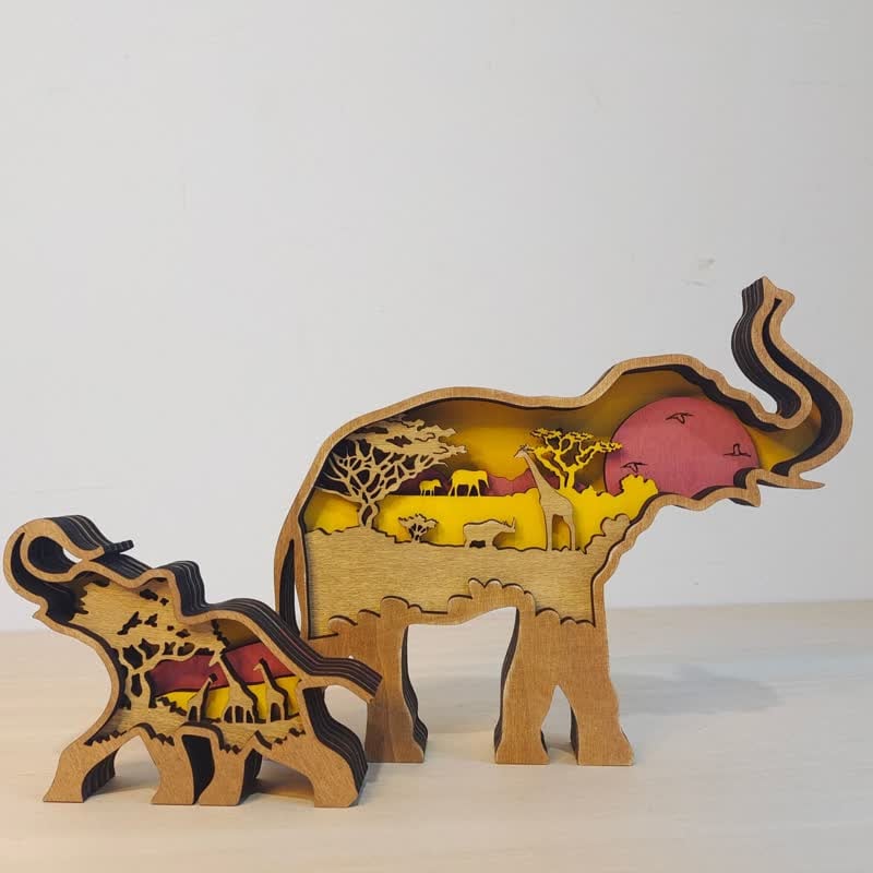 3D Wooden Animals Elephant Carved Statue Parent-Child Office Home Crafts