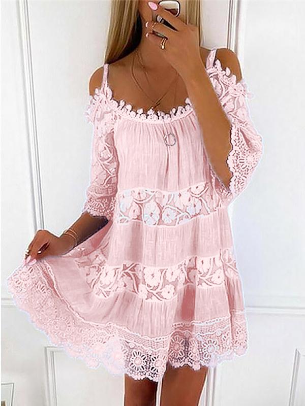 Sexy Spaghetti Strap Half Sleeve Off Shoulder Lace Panel Dress mysite