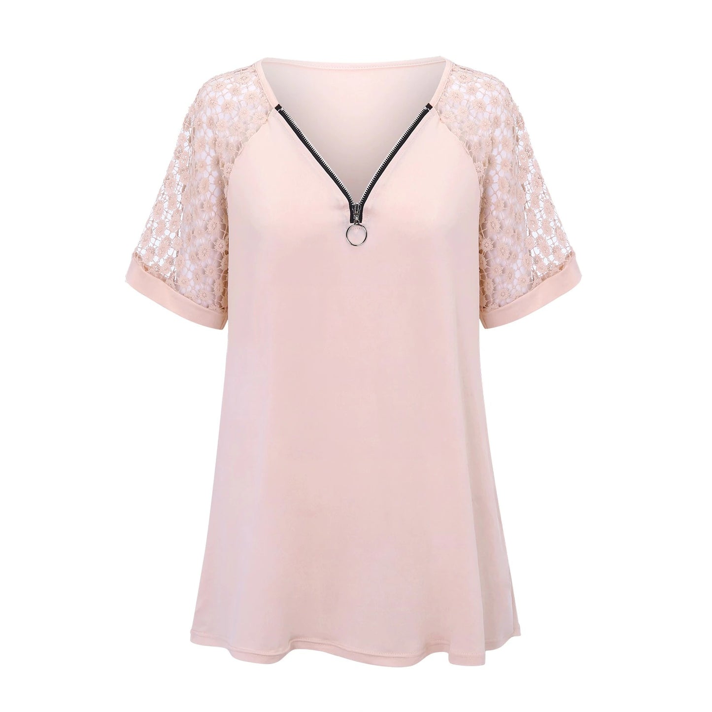 2023 NEW FASHION CASUAL LACE TOPS PATCHWORK SUMMER V-NECK HOLLOW OUT T-SHIRT mysite
