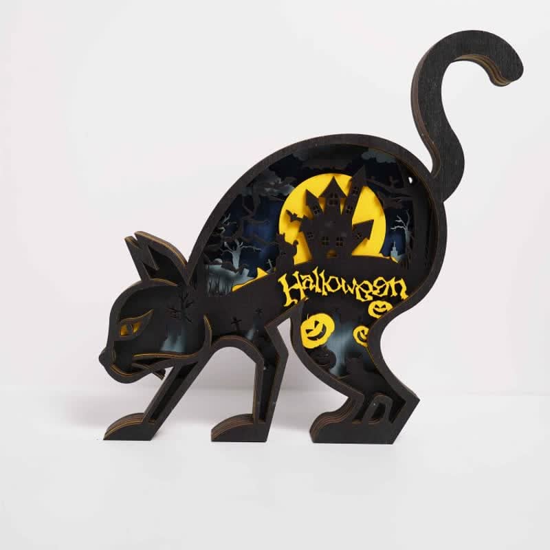 Animals Wooden Crafts Halloween Black Cat 3D Wall Statue Freestanding Art Decor