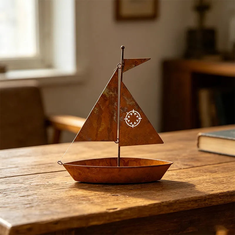 Rustic Sailboat Metal Planter – Handcrafted, weather-resistant & perfect for succulents, herbs or flowers – charming garden or shelf decor