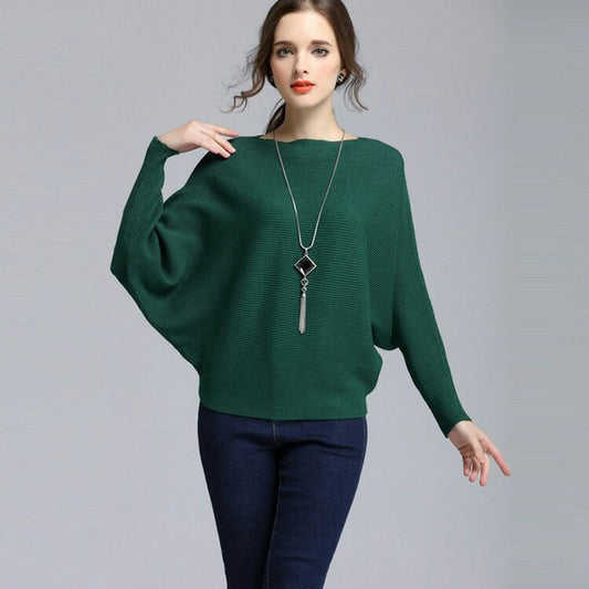 Women's Boat Neck Bat Sleeve Knitted Sweater