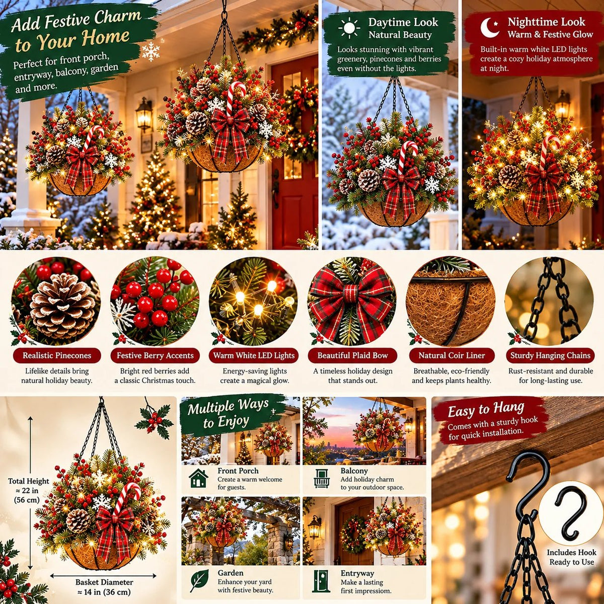 🎄 Last Day 50% OFF 🏆 Pre-Lit Christmas Hanging Basket | Pre-lit, weather-resistant, and zero maintenance
