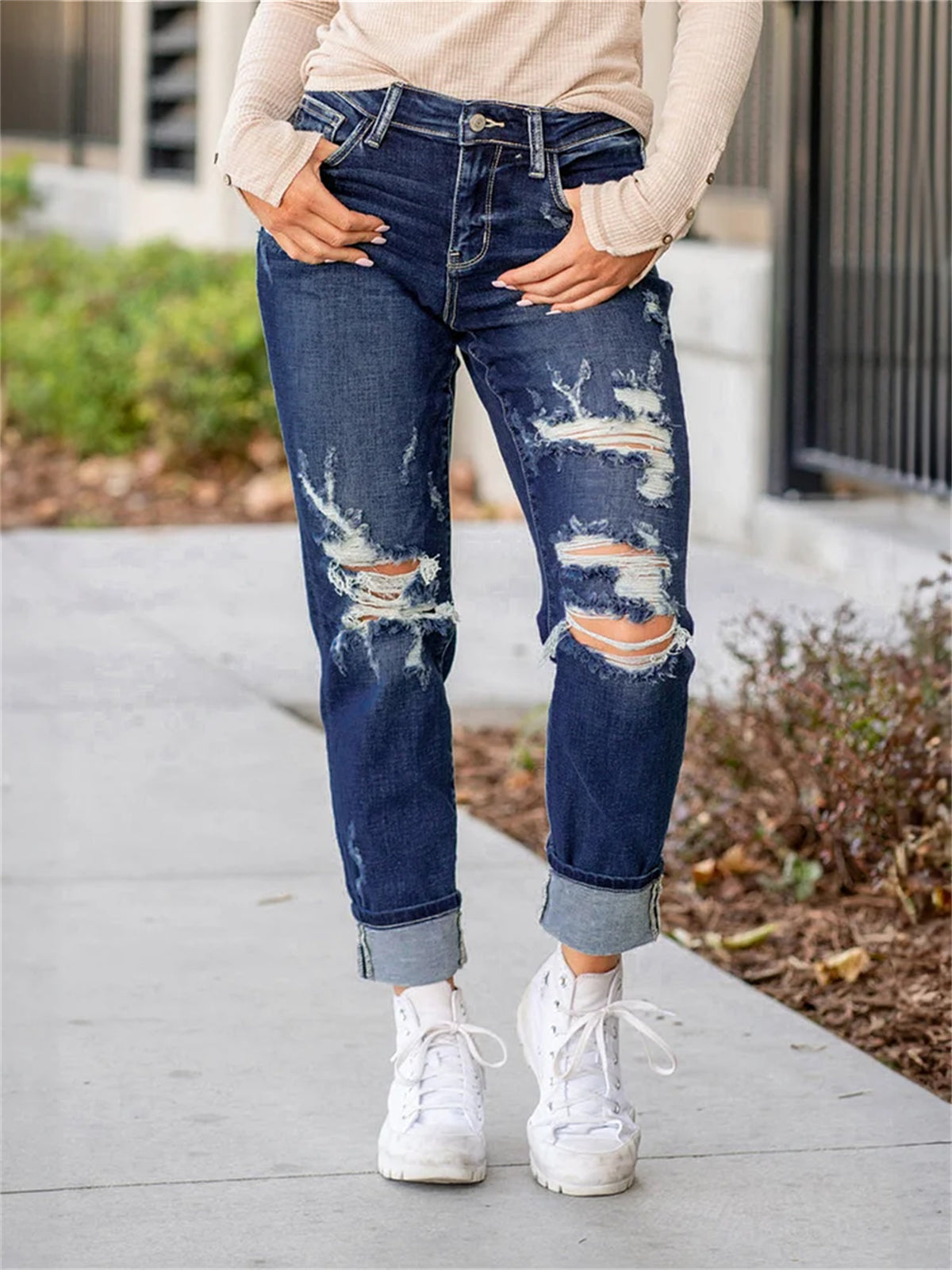 Tummy Control Distressed Cuffed Boyfriend Jeans (Buy 2 Free Shipping) mysite