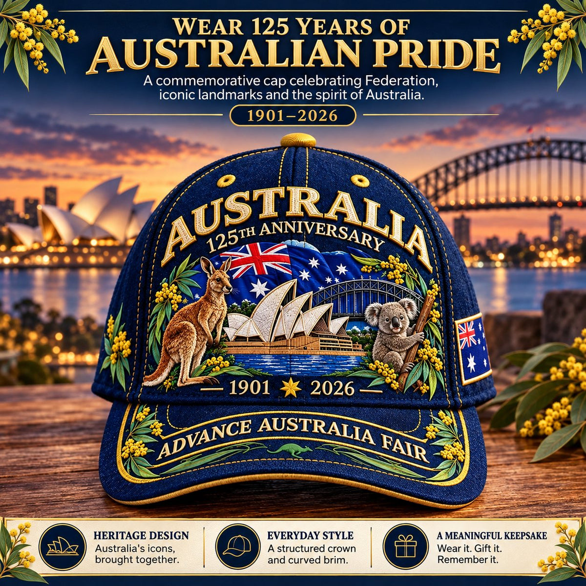 💝LAST DAY 49% OFF - 🦘 Australia 125th Anniversary 1901–2026 – Premium Embroidered Heritage Cap | Cotton-Poly Blend • Detailed Embroidery • Adjustable Fit 🇦🇺