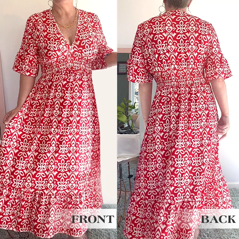 🔥Hot Sale🔥Bohemian casual print V-neck waist wrap long dress mysite