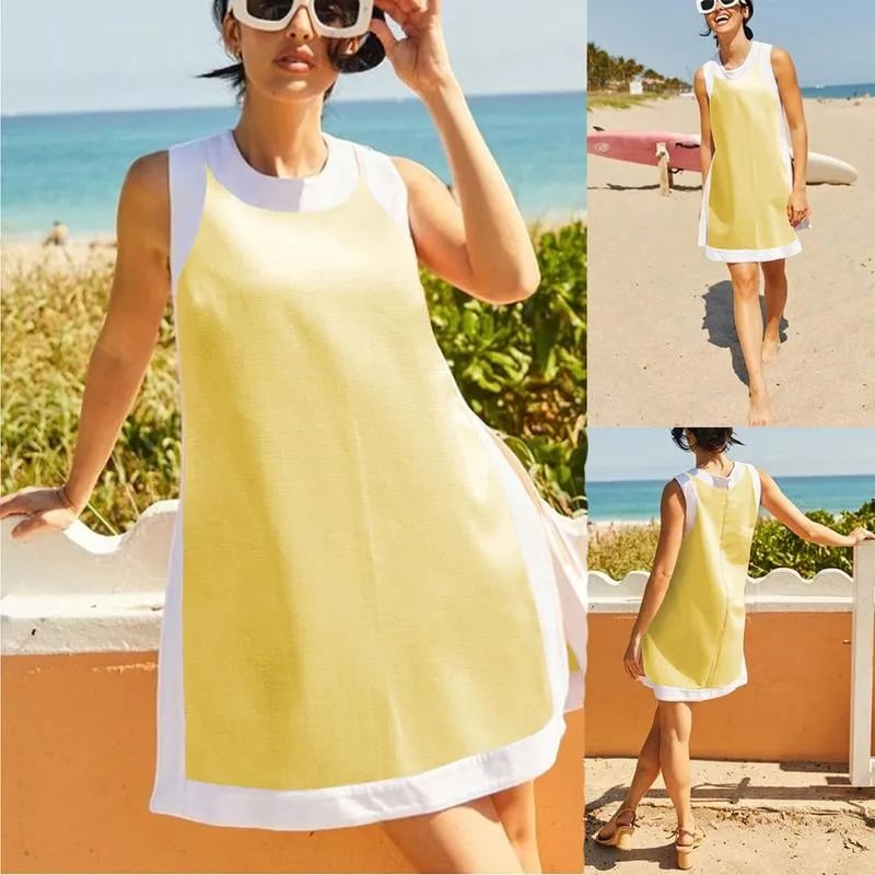 🎁Women's 2-Piece Sets Color Block Crewneck Sleeveless Top + Skirt & Shorts w/ Pockets