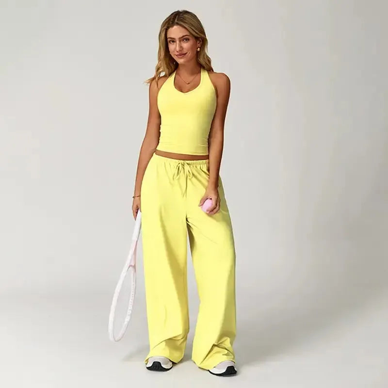 Women’s 2-Piece Silk-Like Lounge Set – V-Neck Strappy Top & Wide Leg Pants