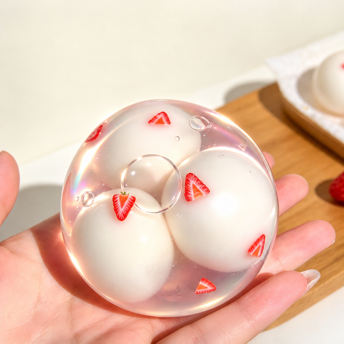 딸기 조각 모양 장식이 들어 있는 투명 스퀴시 볼