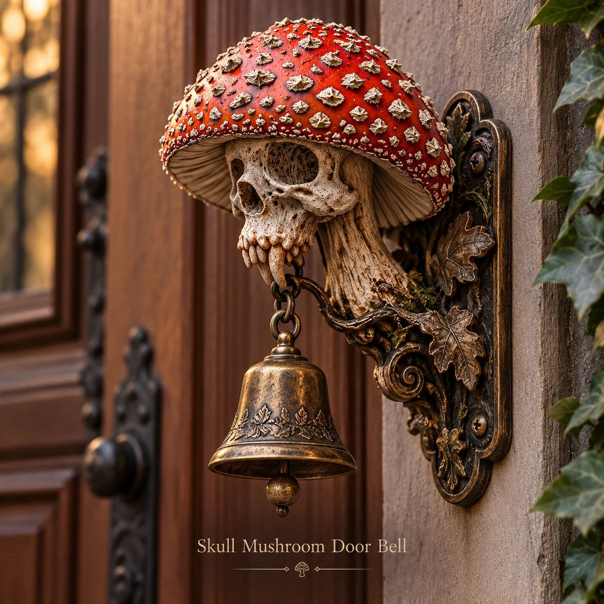 ⏳ Last Day 49% OFF – 🍄 Skullcap Guardian Mushroom Skull Door Bell | Gothic Woodland Décor with Hanging Bell 💀🔔