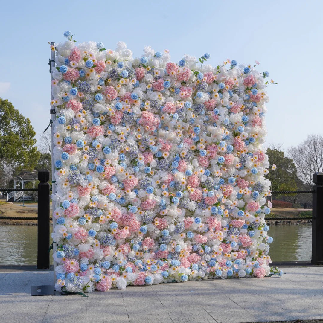 Hand-rolled fabric flower wall - perfect decoration for outdoor events