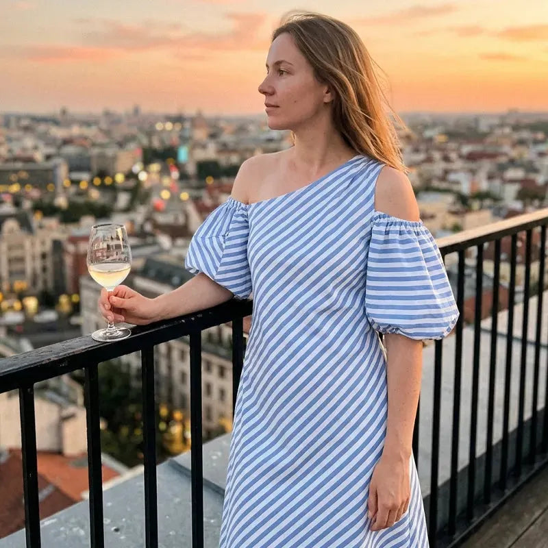 Women Striped Off Shoulder Dress – Elegant Flowy Summer Chic
