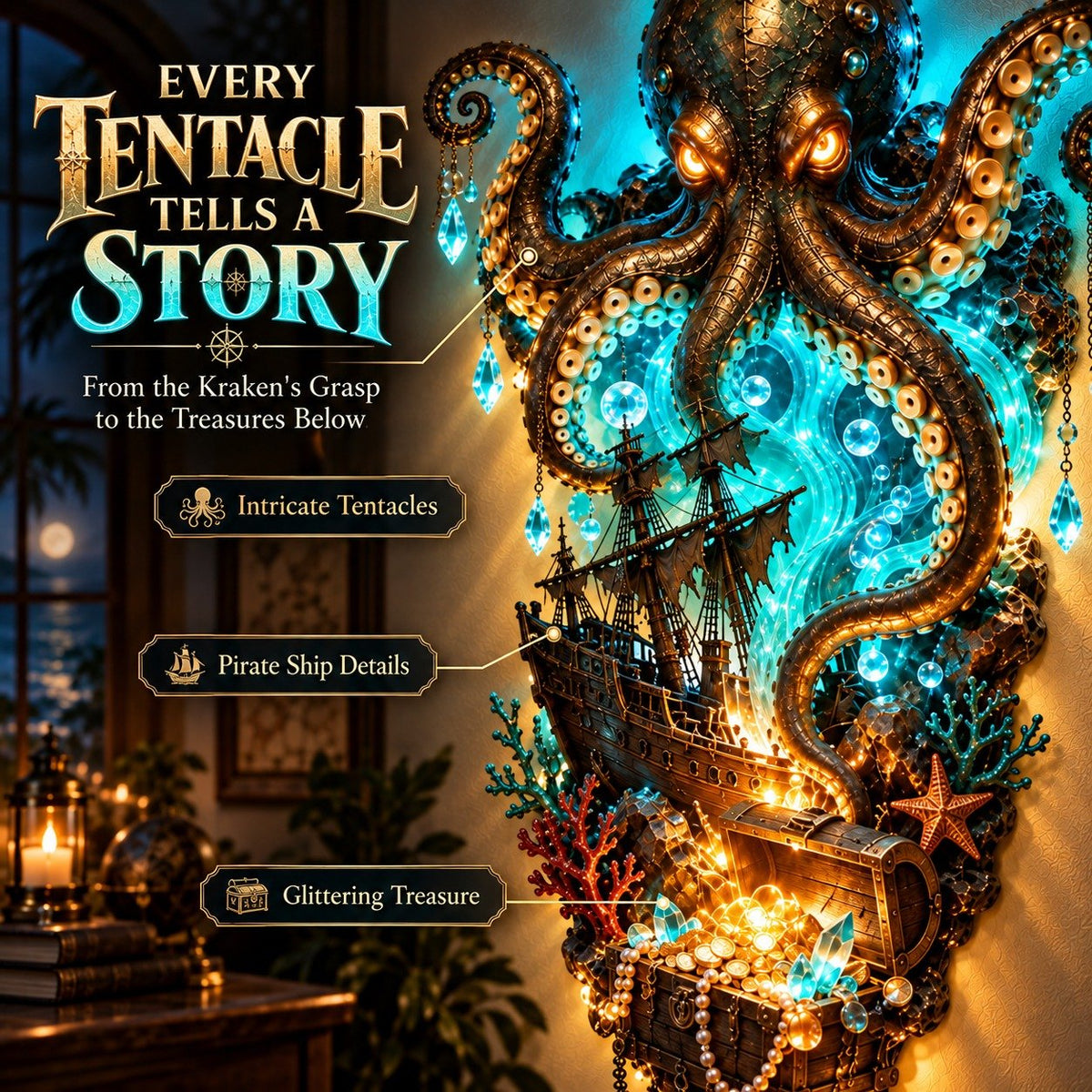 Octopus Wall Lamp with Pirate Ship and Treasure – A Legend from the Depths for Your Wall