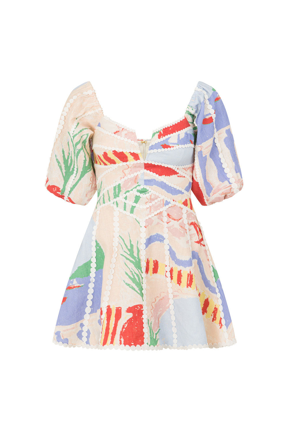 V Neck Puff Sleeves Ric Rac Trim Printed Mini Dress - Buy two and get free shipping!