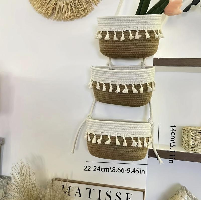 living room bedroom entryway Over The Door Hanging Basket Boho Woven Over-Door Storage Organizer – 3-Tier Cotton Hanging Baskets