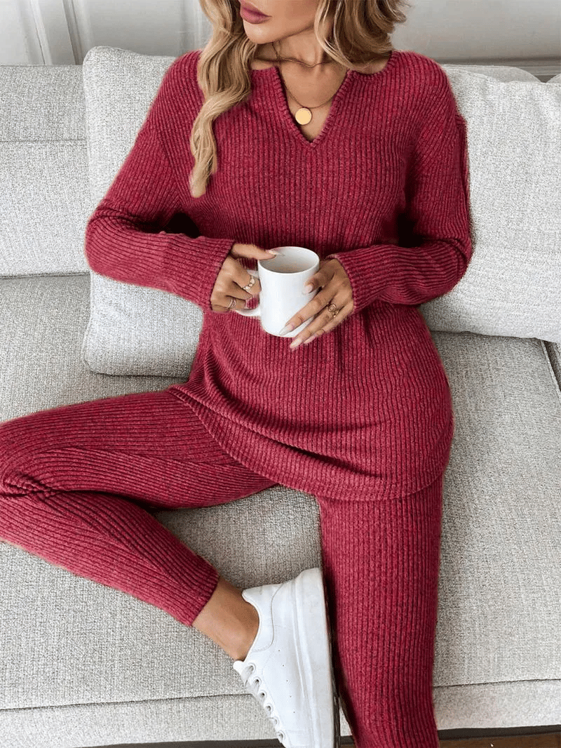 Women's Casual Plush Rib-Knit Long Sleeve T-Shirt And Leggings Set