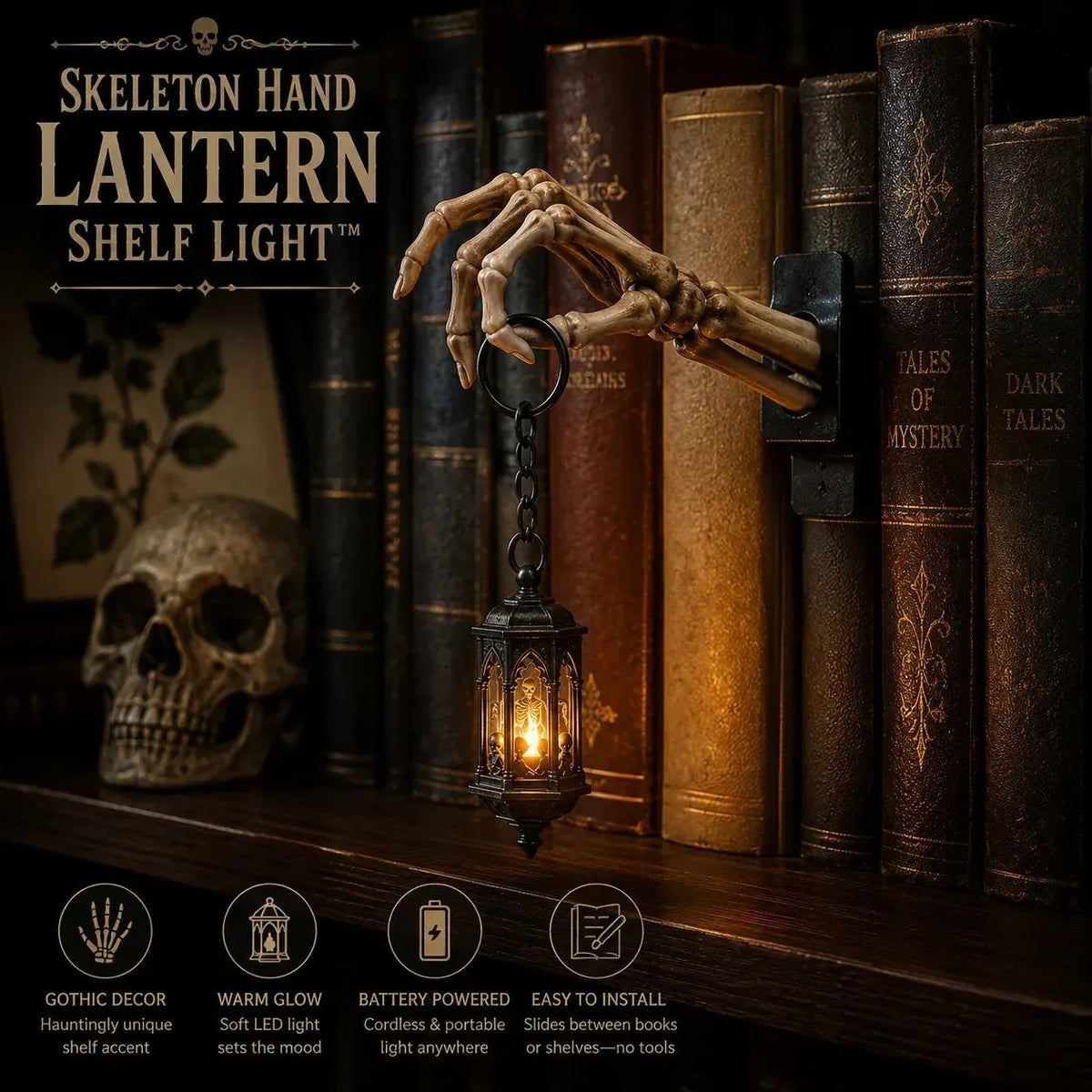 Gothic Skeleton Hand LED Lantern for Moody Bookshelf Decor