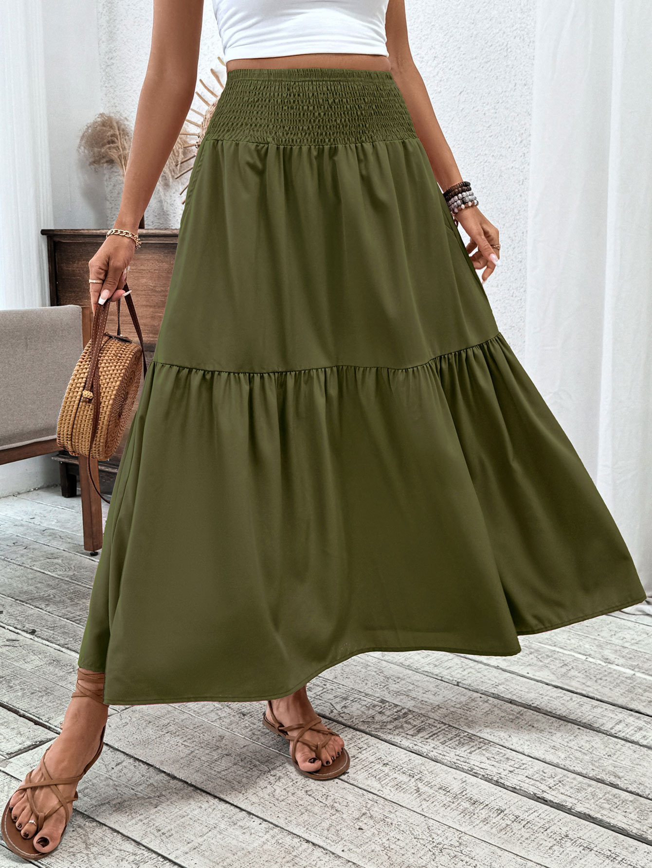 Floral print three-layer patchwork long skirt - Buy 2 items and get free shipping！