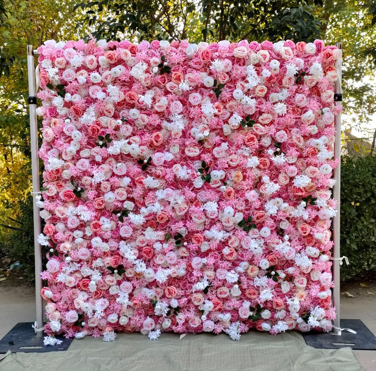 Hand-rolled fabric flower wall - perfect decoration for outdoor events