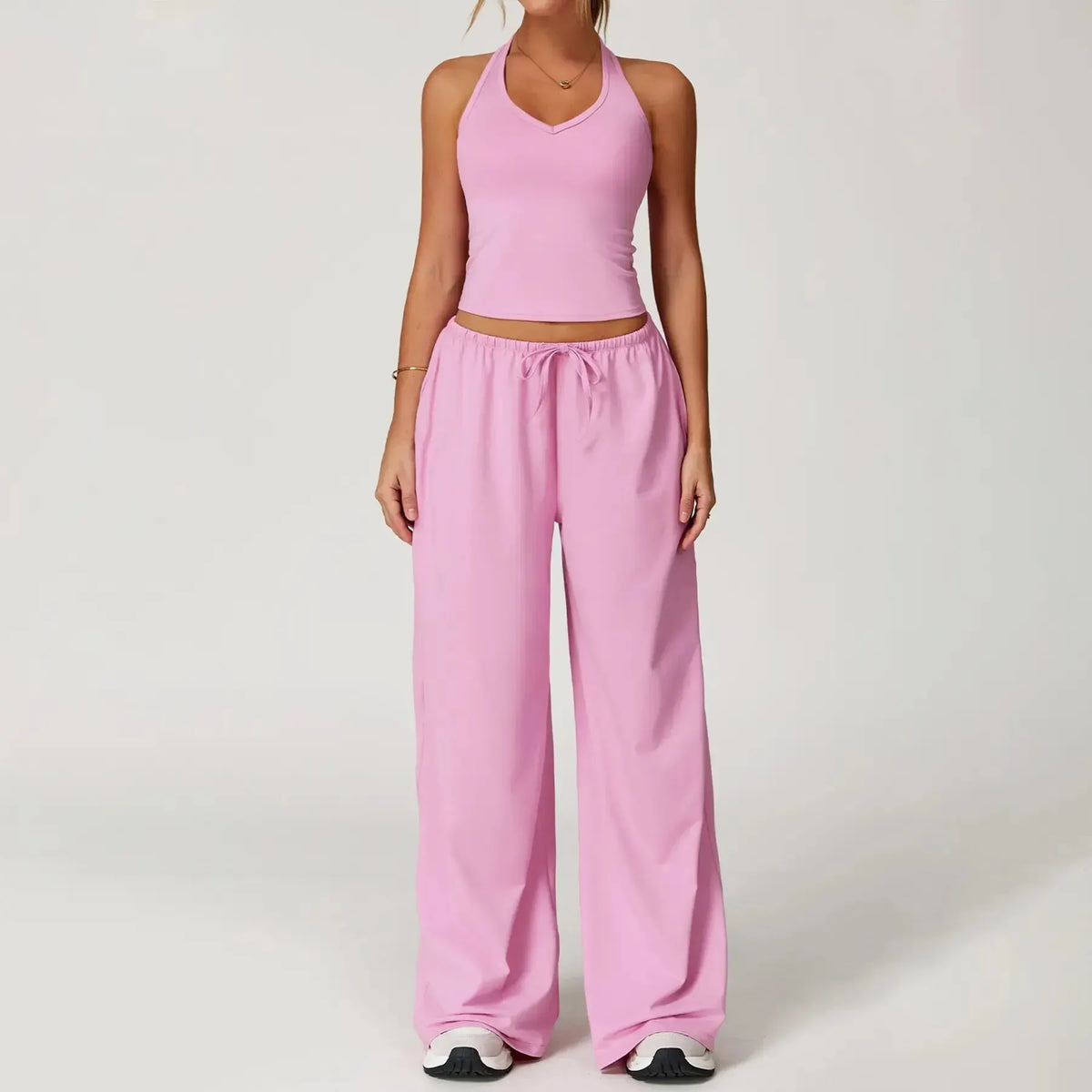 Women’s 2-Piece Silk-Like Lounge Set – V-Neck Strappy Top & Wide Leg Pants