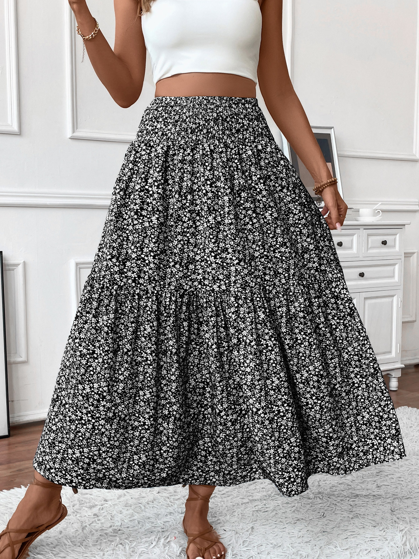 Floral print three-layer patchwork long skirt - Buy 2 items and get free shipping！
