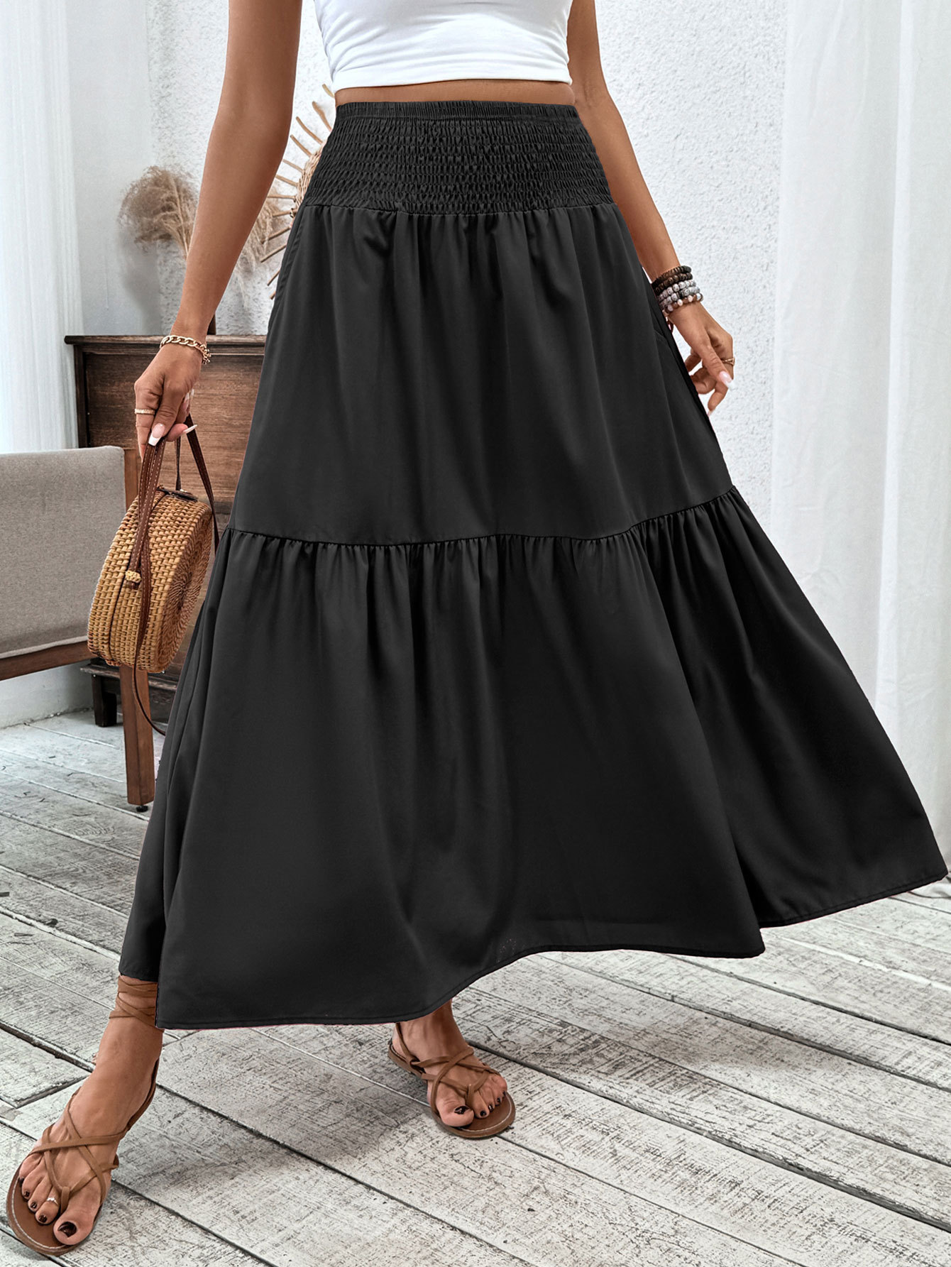 Floral print three-layer patchwork long skirt - Buy 2 items and get free shipping！