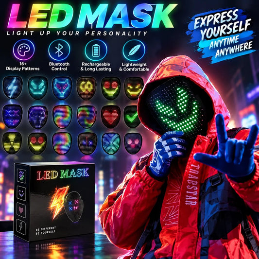 🎉⚡ 50-Mode Gesture-Controlled LED Face Mask – Rechargeable Costume Mask