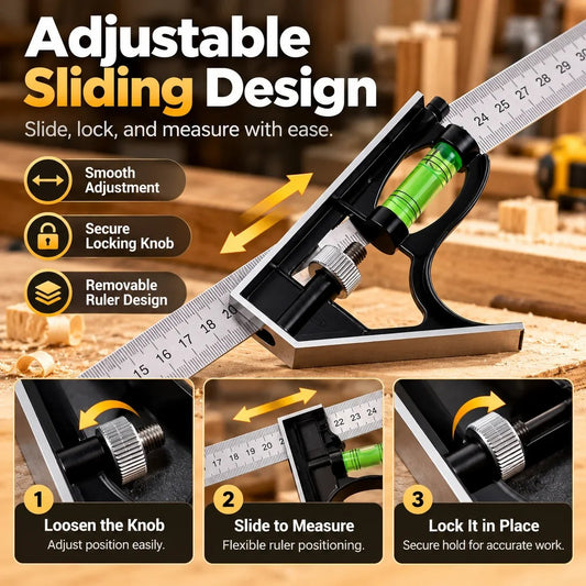 🔨Precision Combination Square Tool – 300mm Adjustable Carpenter Square with Built-In Level & Scriber for Woodworking DIY Projects