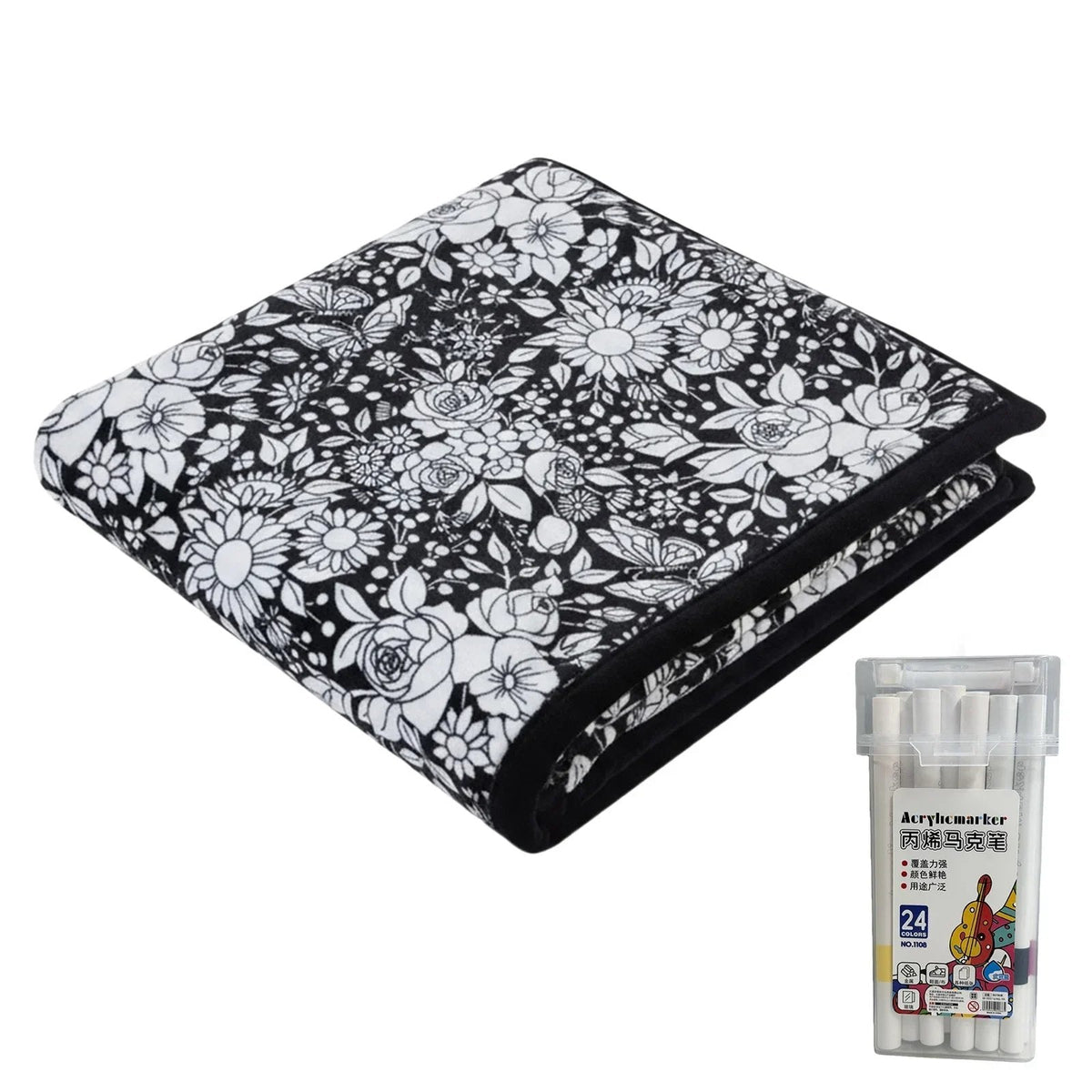 🎨 Fuzzy Velvet Coloring Blanket with 24 Markers | 8 Designs