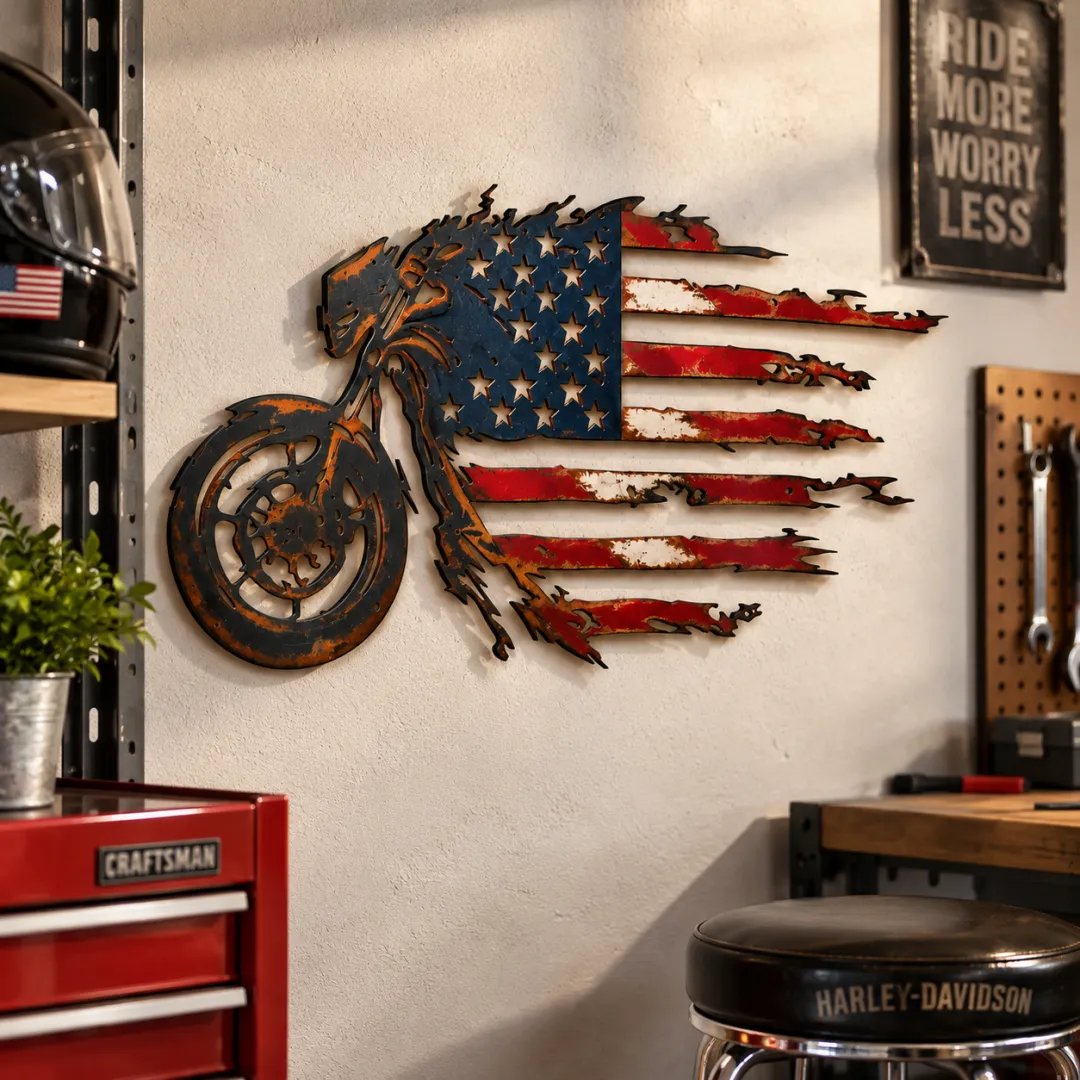 Patriotic Motorcycle American Flag Metal Wall Art (📦Buy 2 Free Shipping)