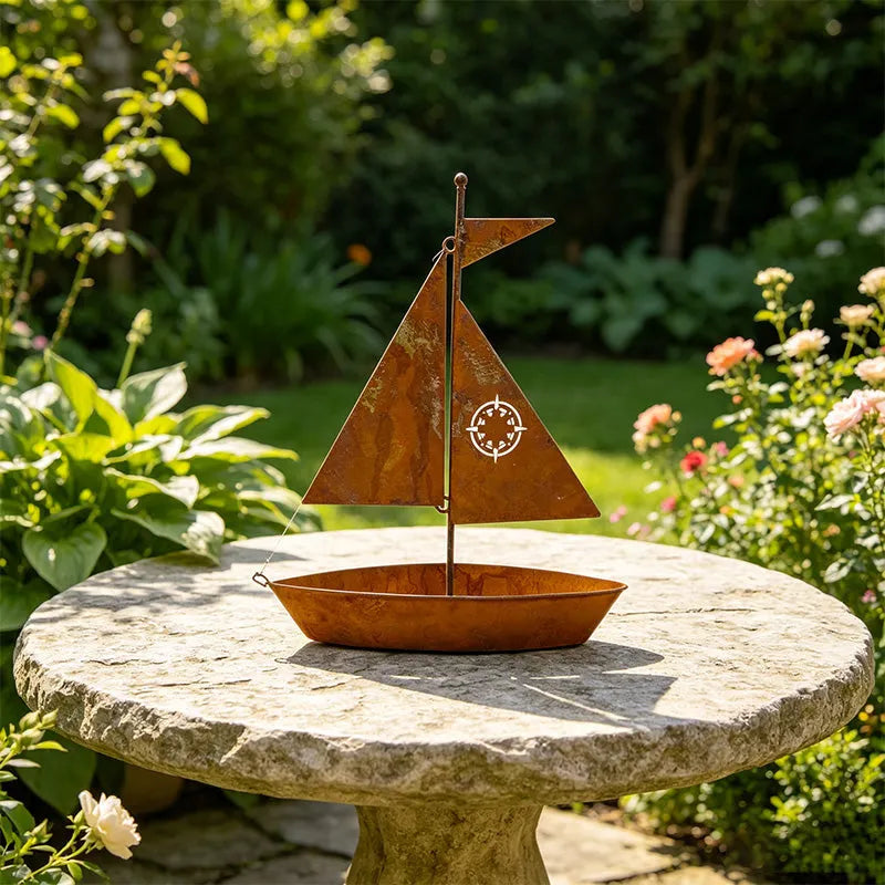 Rustic Sailboat Metal Planter – Handcrafted, weather-resistant & perfect for succulents, herbs or flowers – charming garden or shelf decor
