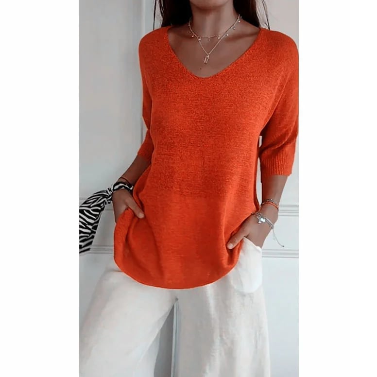 Solid Color Knitted V-neck Top