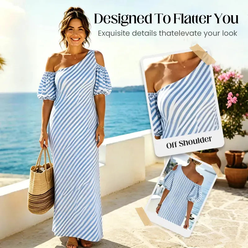Women Striped Off Shoulder Dress – Elegant Flowy Summer Chic