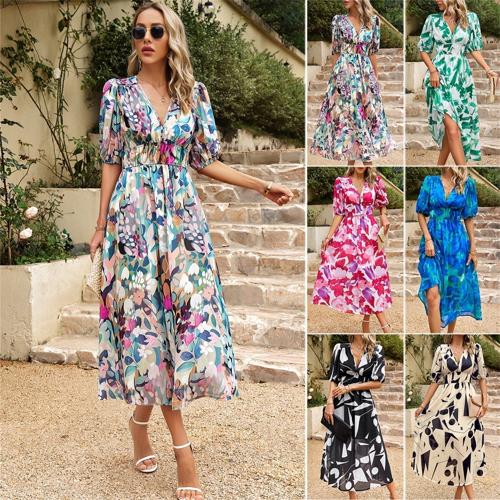 Elegant waisted V-neck printed dress (buy two for free shipping) mysite