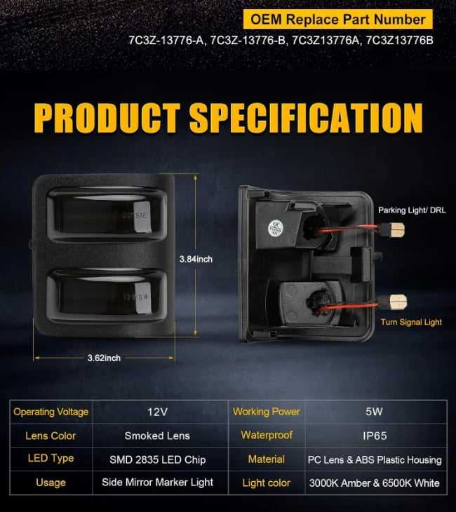 Dual-Color LED Truck Mirror Lights – Amber Turn Signal, White Parking Light, Smoked Lens, Plug-and-Play