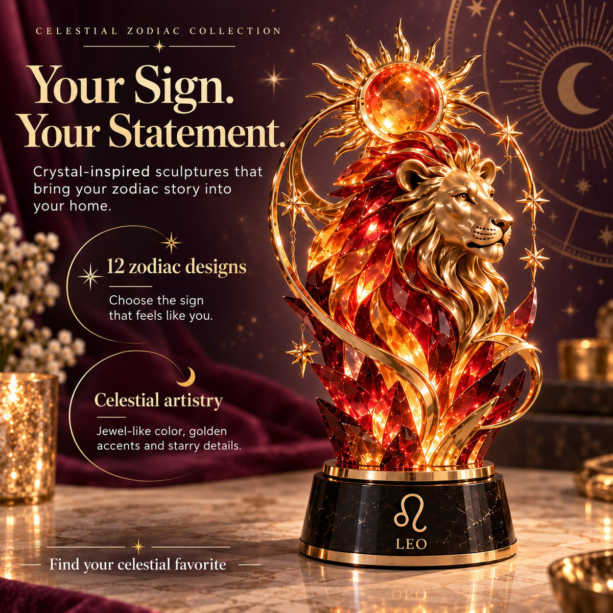 ⏳ Last Day 49% OFF – 🌙 Celestial Zodiac Sculpture | 12 Jewel-Like Zodiac Designs with Golden Details ✨