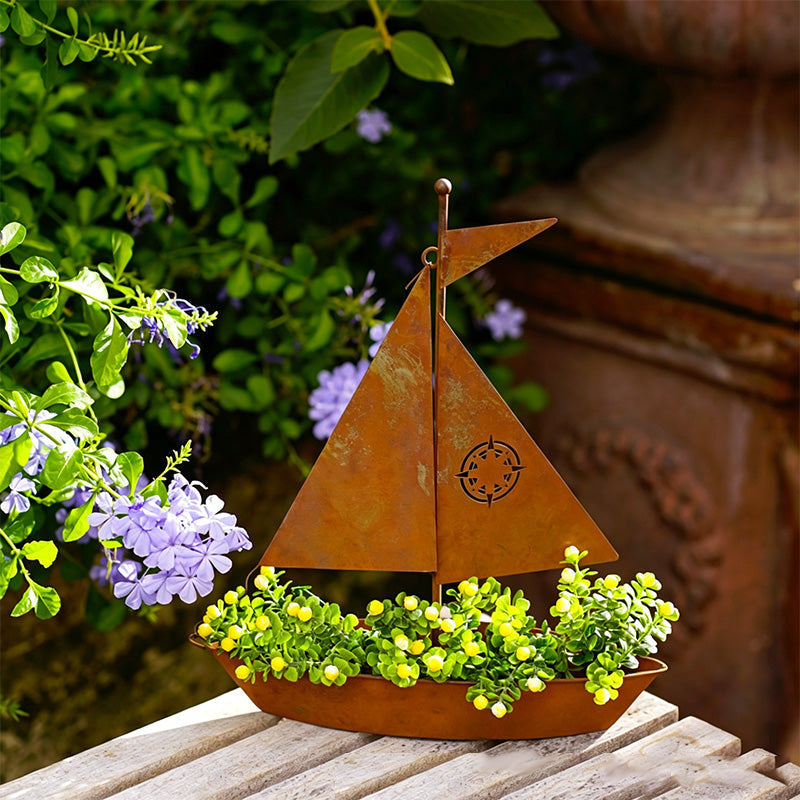 Rustic Sailboat Metal Planter – Handcrafted, weather-resistant & perfect for succulents, herbs or flowers – charming garden or shelf decor