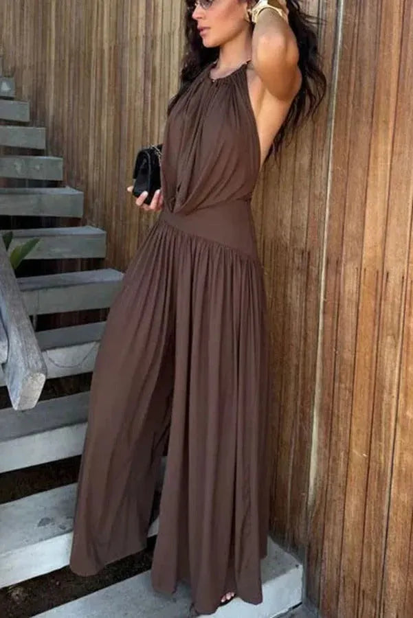 Lightweight Chic Metal Ring Drape Cowl Halter Neck Bodysuit and Elastic Waist Wide Leg Pants Set
