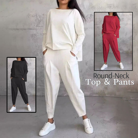 Round-Neck Long-Sleeved Top ＆ Pants 2-Piece Set