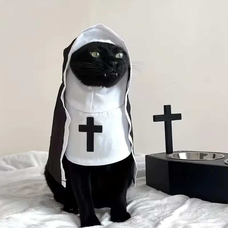 🐈‍⬛ Holy Cat™ Nun Costume – Funny Halloween Cat Outfit, Cute Black & White Pet Costume for Photos & Cat Lovers 🎃
