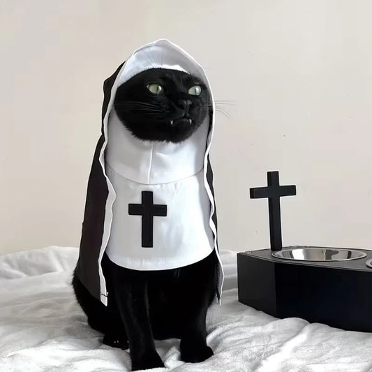 🐈‍⬛ Holy Cat™ Nun Costume – Funny Halloween Cat Outfit, Cute Black & White Pet Costume for Photos & Cat Lovers 🎃