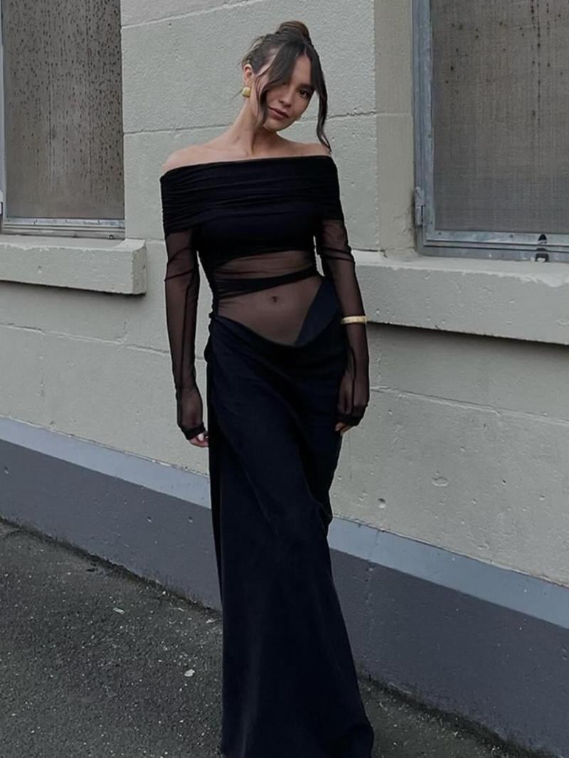 🔥Solid Color Off Shoulder Pleated Sheer Mesh Dress