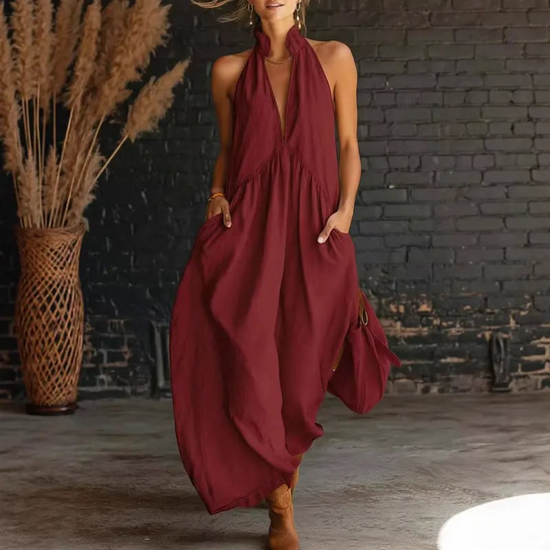🔥Hot selling item for Summer 2026!🔥Minimalist Halter Neck Maxi Dress | Casual Loose Fit Summer Dress with Pockets for Women - Buy 2 items and get free shipping!