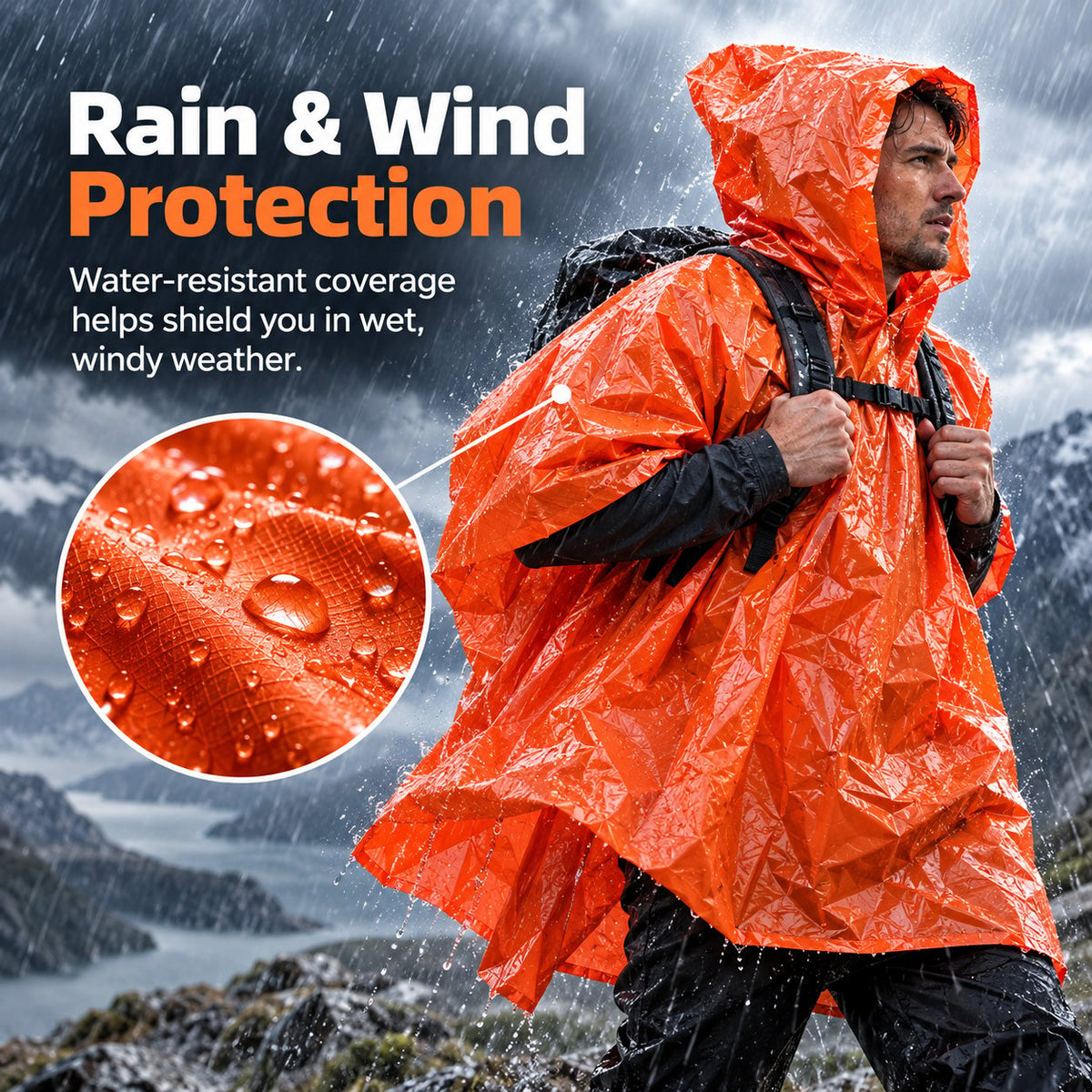 Emergency Rain Poncho Set with Storage Pouch, Aluminum Whistle & Carabiner