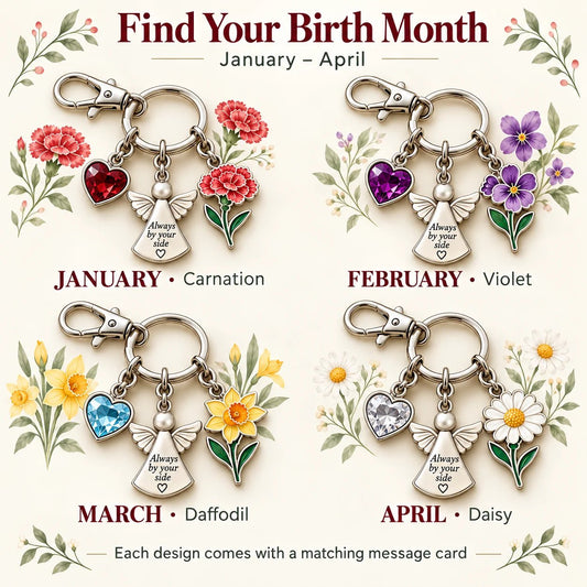 🔥LAST DAY 50% OFF - 👼 Always By Your Side: Birth Month Angel & Flower Keychain + Keepsake Card 🌸